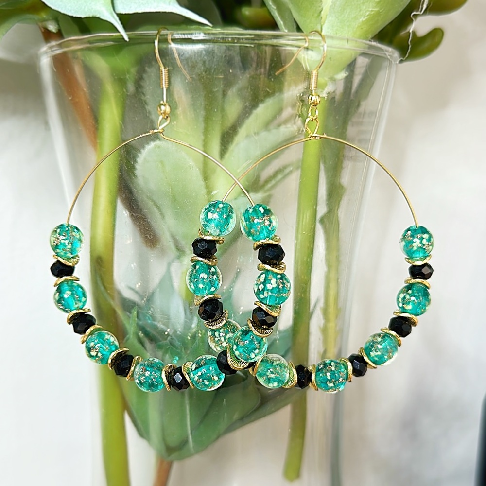 Black & Glow in the Dark Lake Blue Glass Hoop Earrings w/ Gold accent beads